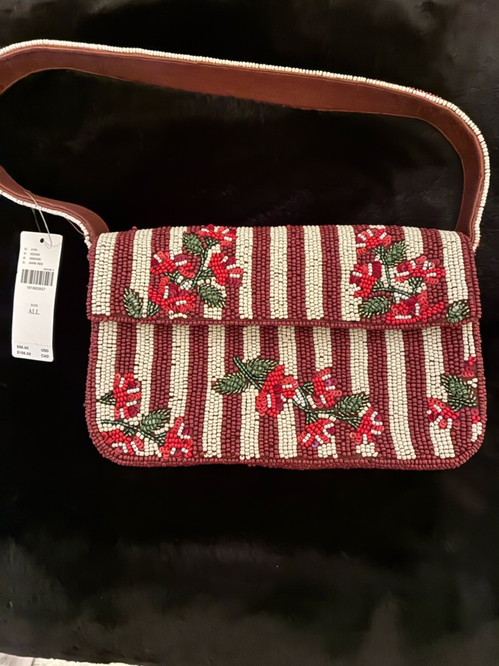 Anthropologie Fiona Beaded Burgundy Stripe and Floral Shoulder Bag